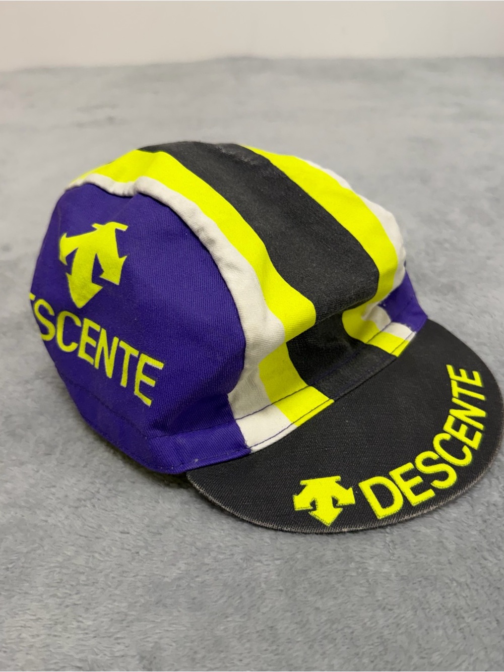 Vintage Descente Cycling Hat Cap Stretch Back OSFM Purple Yellow USA Made